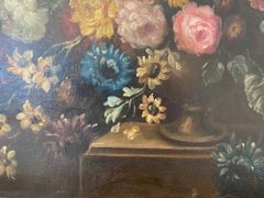 Olio su tela vaso di fiori con architettura XIX secolo
