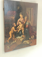 Olio su tavola. Sacra famiglia con Sant’Anna e San Giovannino . XVI secolo
