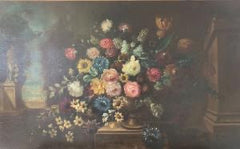 Olio su tela vaso di fiori con architettura XIX secolo