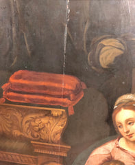 Olio su tavola. Sacra famiglia con Sant’Anna e San Giovannino . XVI secolo