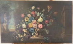 Olio su tela vaso di fiori con architettura XIX secolo