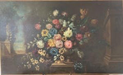 Olio su tela vaso di fiori con architettura XIX secolo