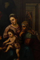 Olio su tavola. Sacra famiglia con Sant’Anna e San Giovannino . XVI secolo