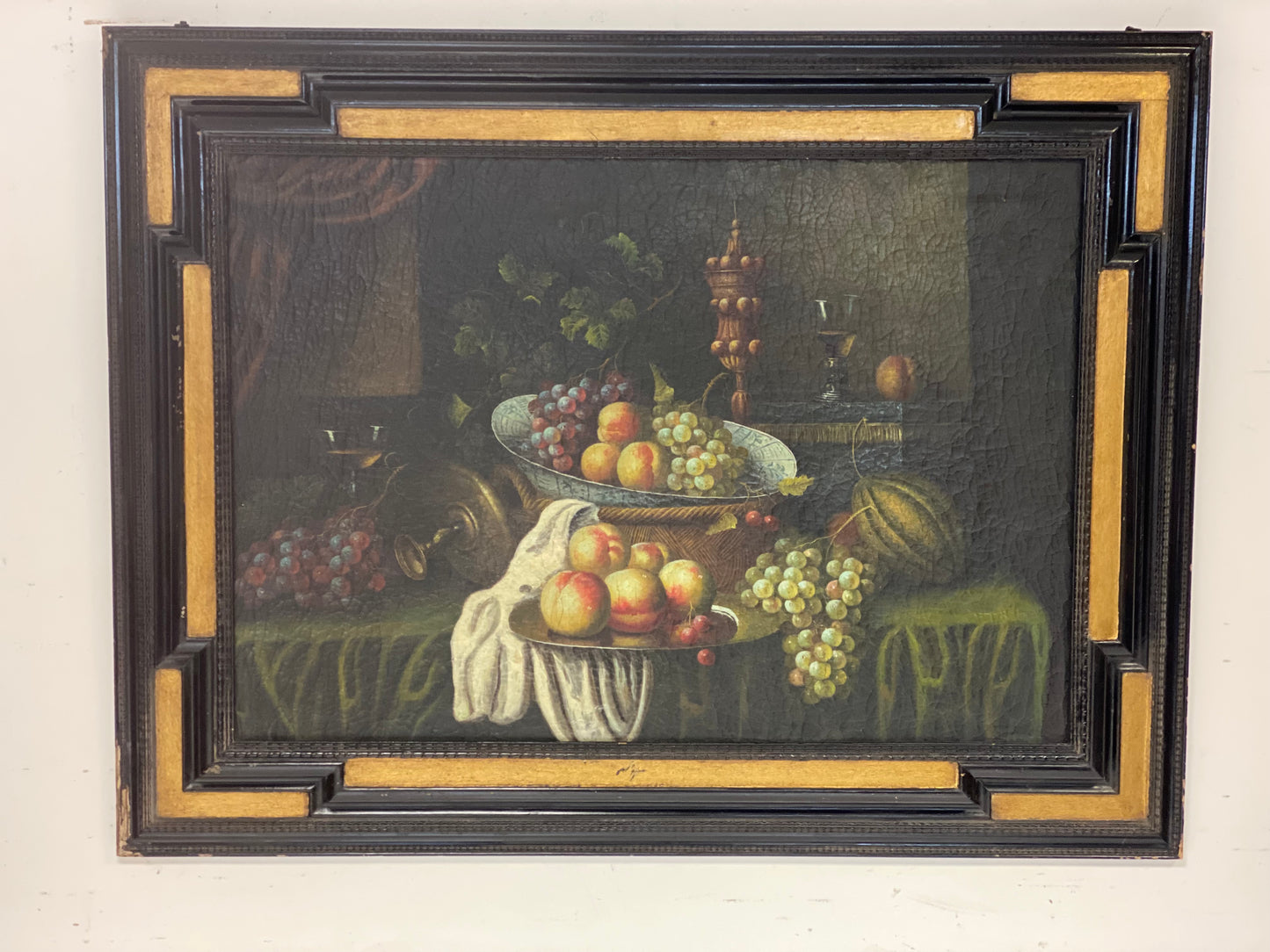 Olio su tela natura morta con frutta e fiori . XIX secolo