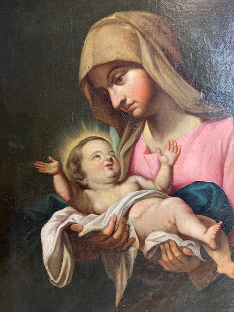 Olio su tela . Madonna con il bimbo . Fine XVII secolo
