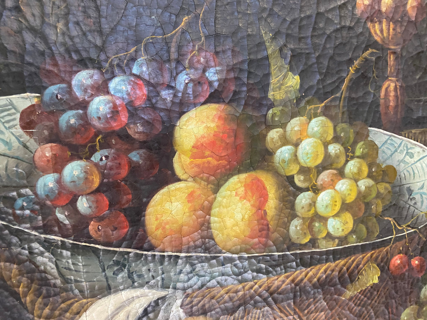 Olio su tela natura morta con frutta e fiori . XIX secolo