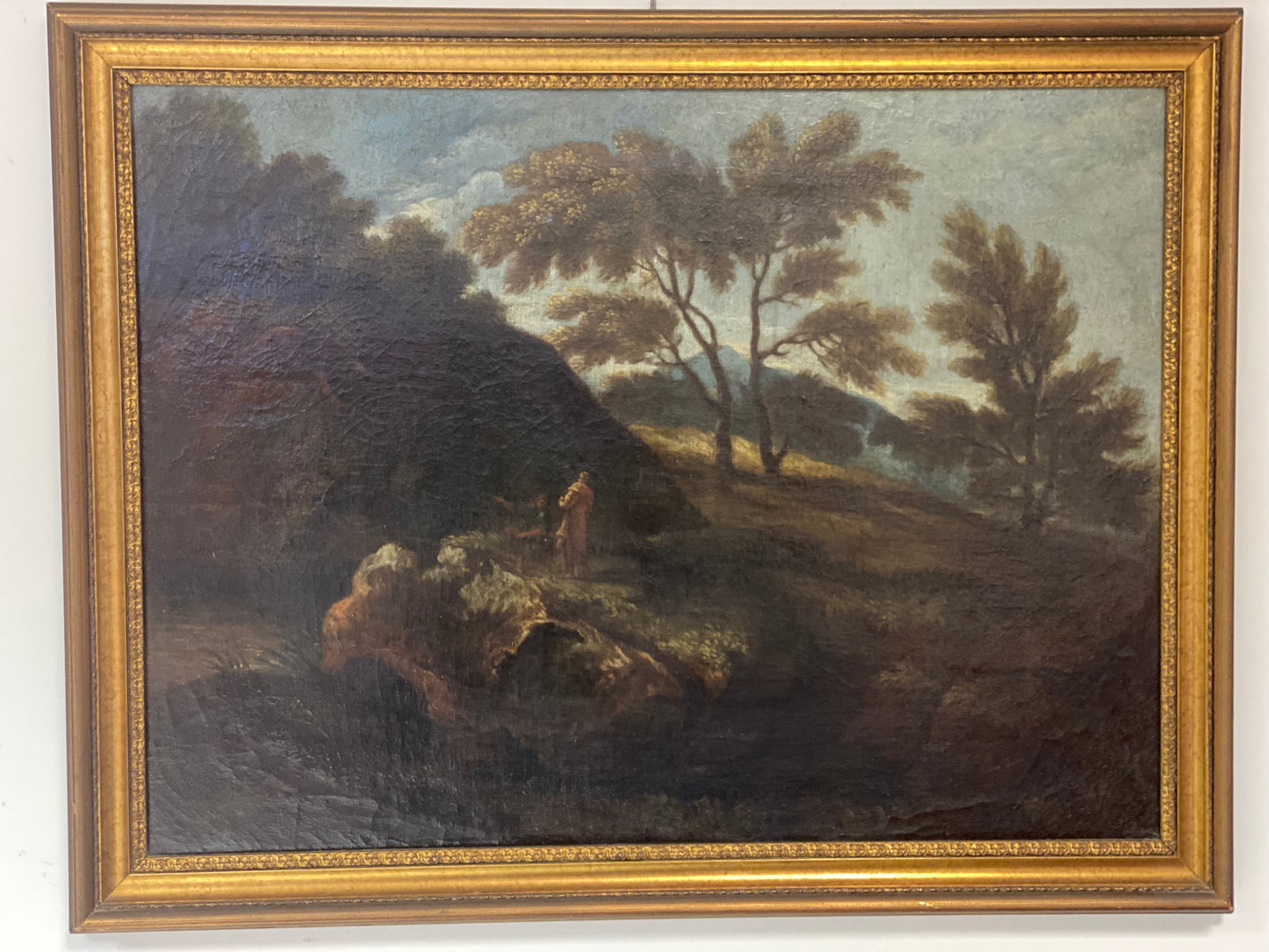 Olio su tela. Paesaggio con figure .XVII secolo