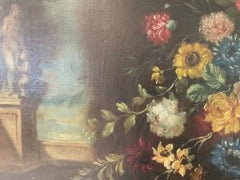 Olio su tela vaso di fiori con architettura XIX secolo
