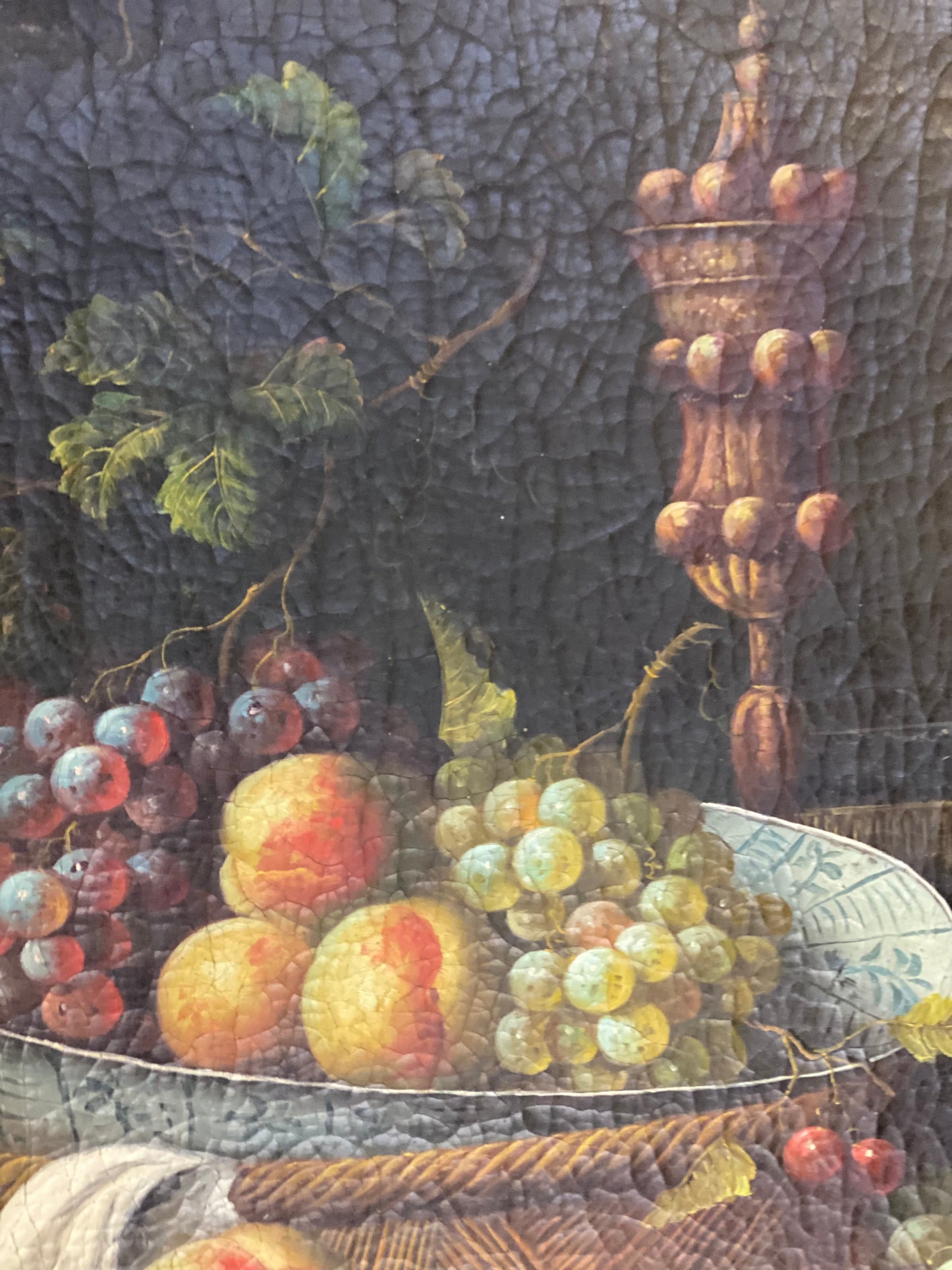 Olio su tela natura morta con frutta e fiori . XIX secolo