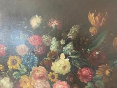 Olio su tela vaso di fiori con architettura XIX secolo
