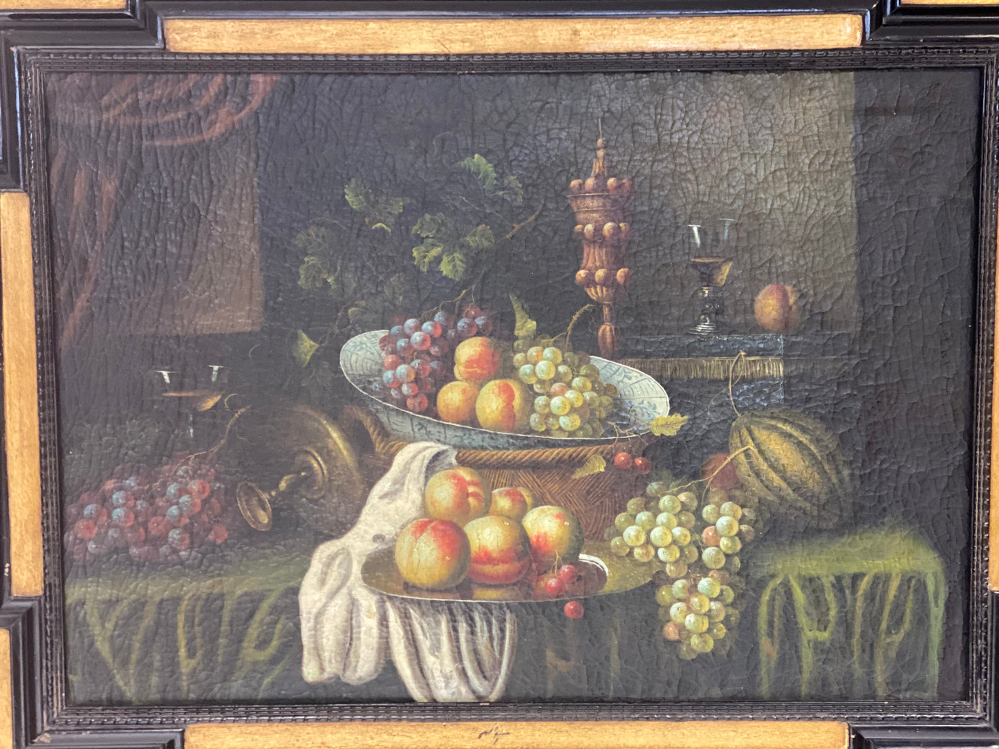 Olio su tela natura morta con frutta e fiori . XIX secolo