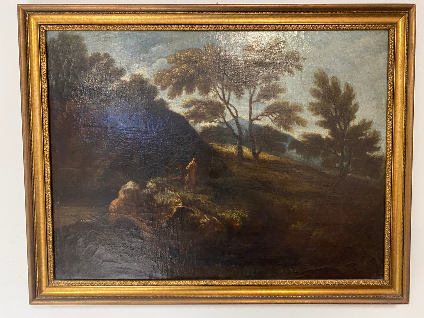 Olio su tela. Paesaggio con figure .XVII secolo