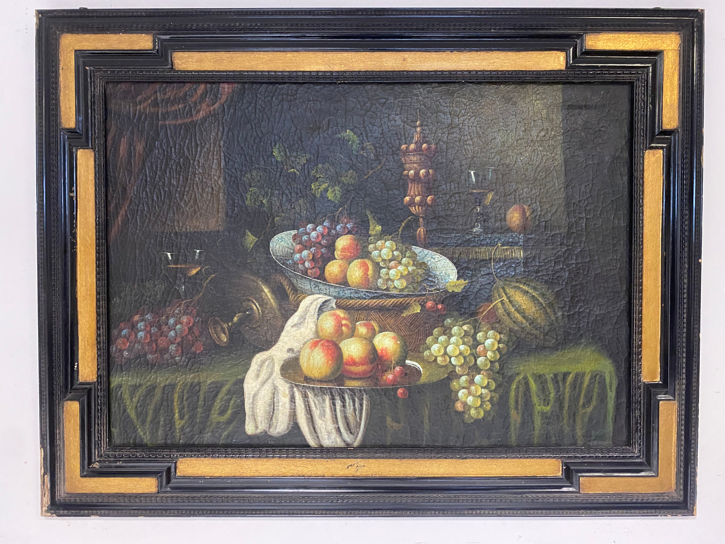 Olio su tela natura morta con frutta e fiori . XIX secolo