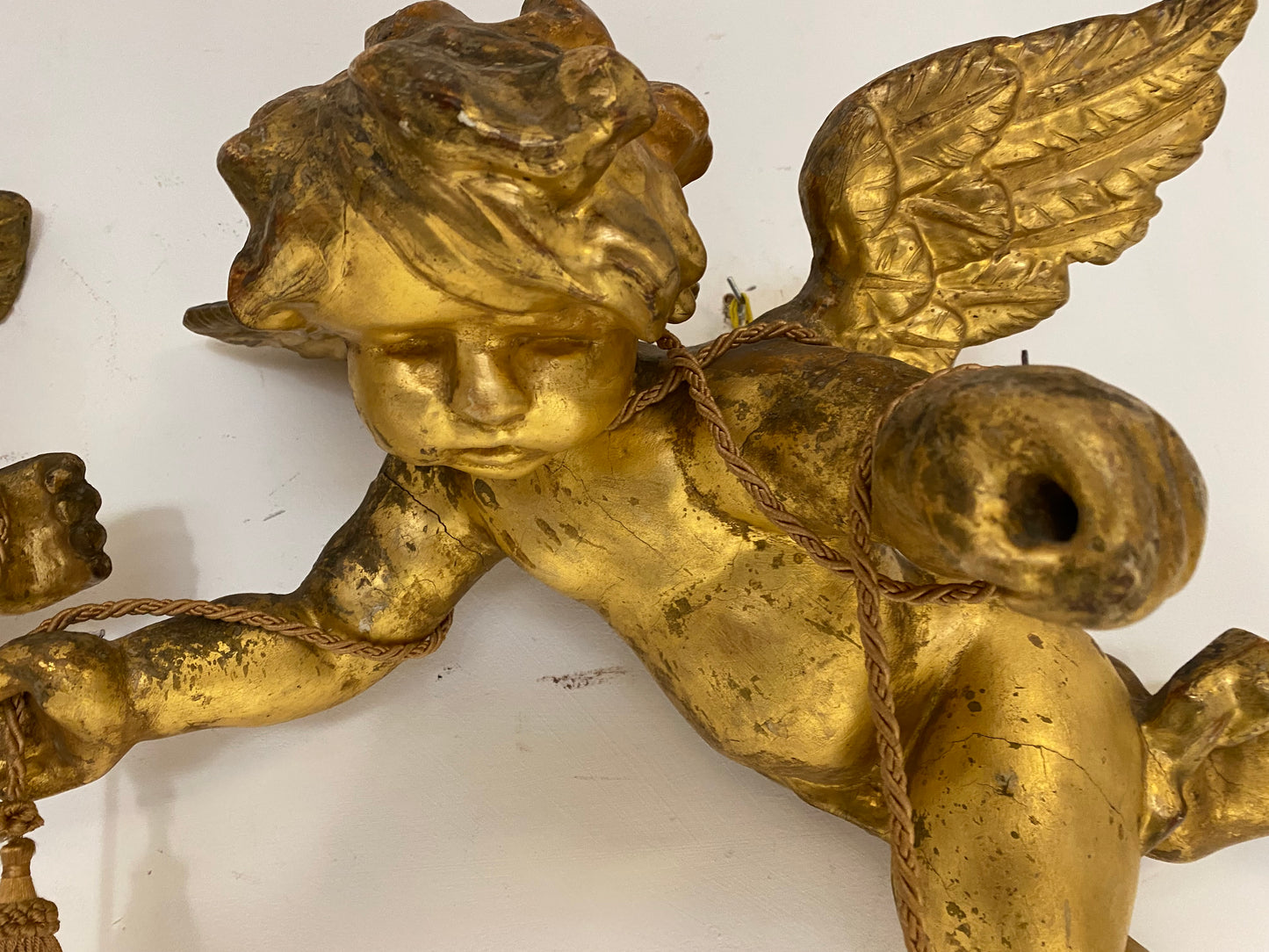 Coppia di angeli lignei alati e dorati . Roma fine 500