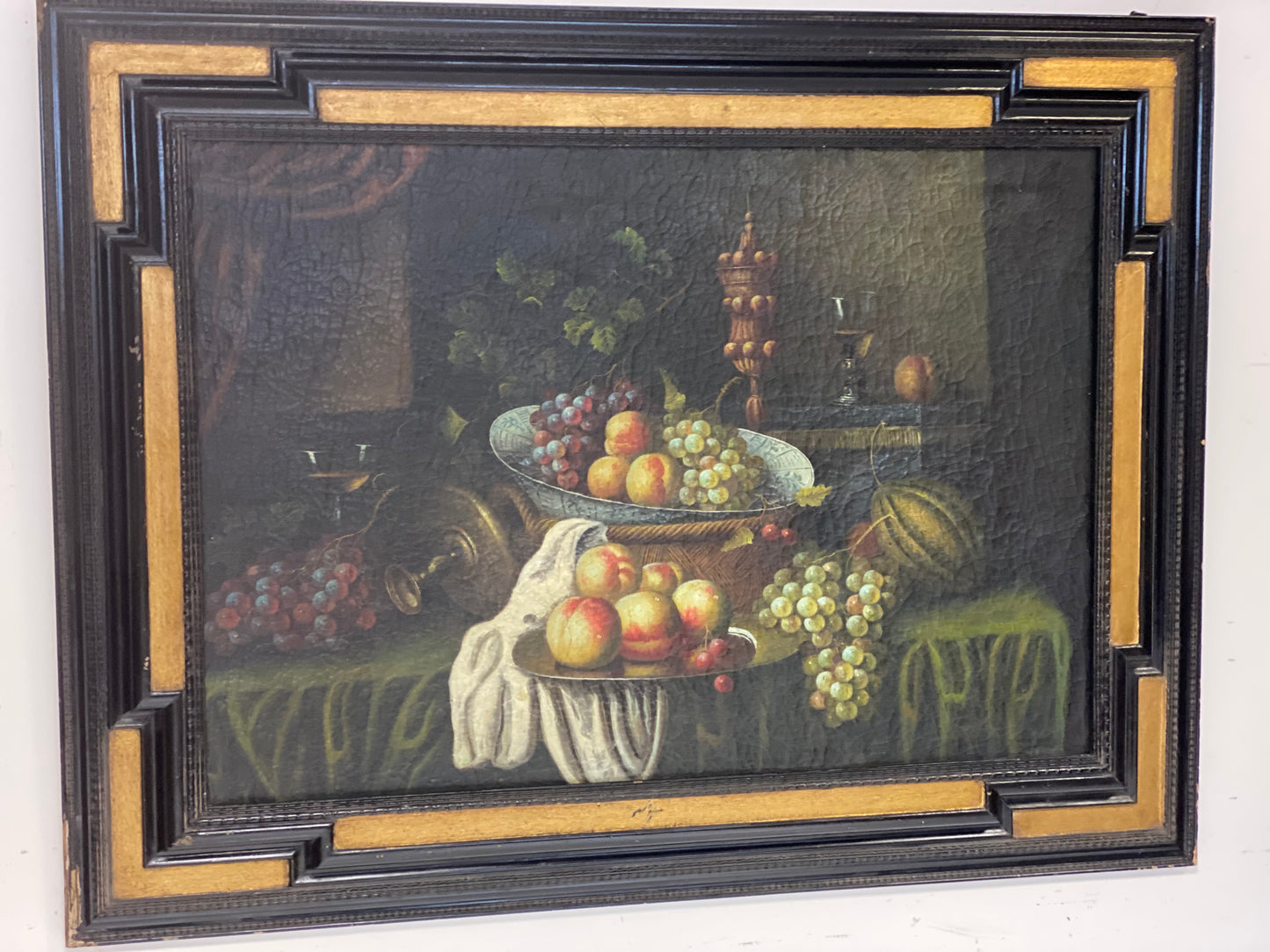 Olio su tela natura morta con frutta e fiori . XIX secolo