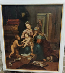 Olio su tavola. Sacra famiglia con Sant’Anna e San Giovannino . XVI secolo