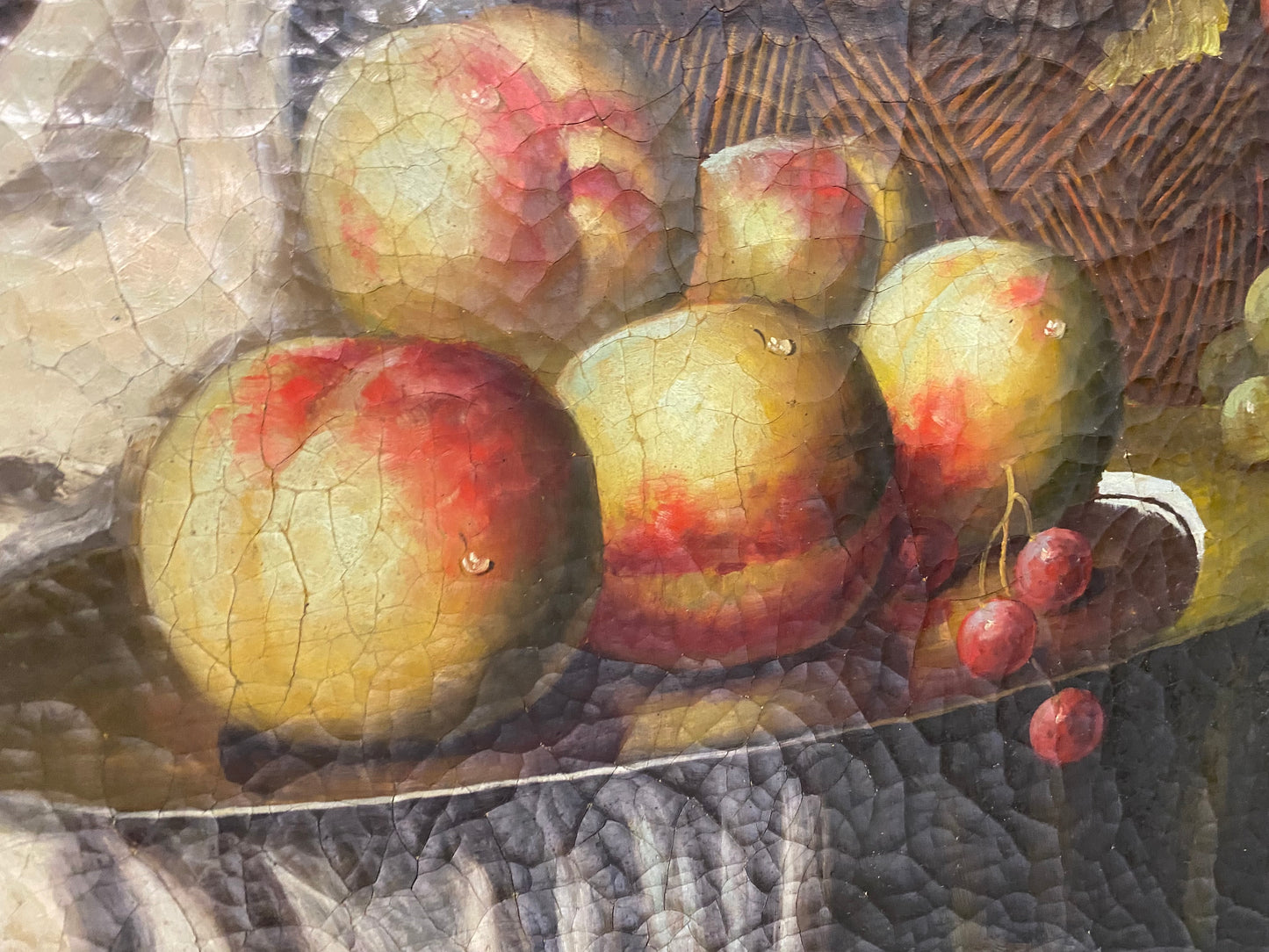 Olio su tela natura morta con frutta e fiori . XIX secolo