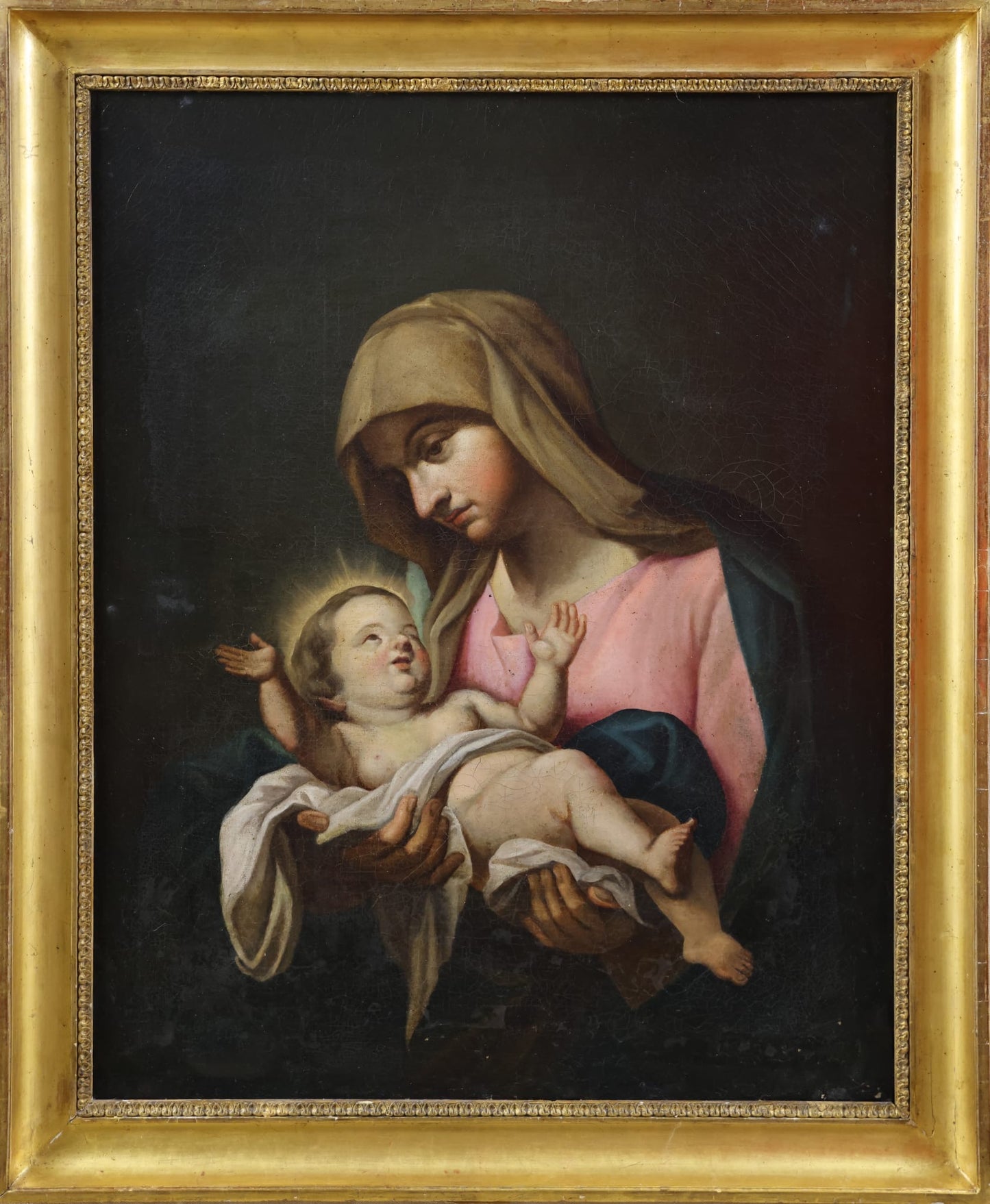 Olio su tela . Madonna con il bimbo . Fine XVII secolo
