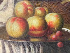 Olio su tela natura morta con frutta e fiori . XIX secolo