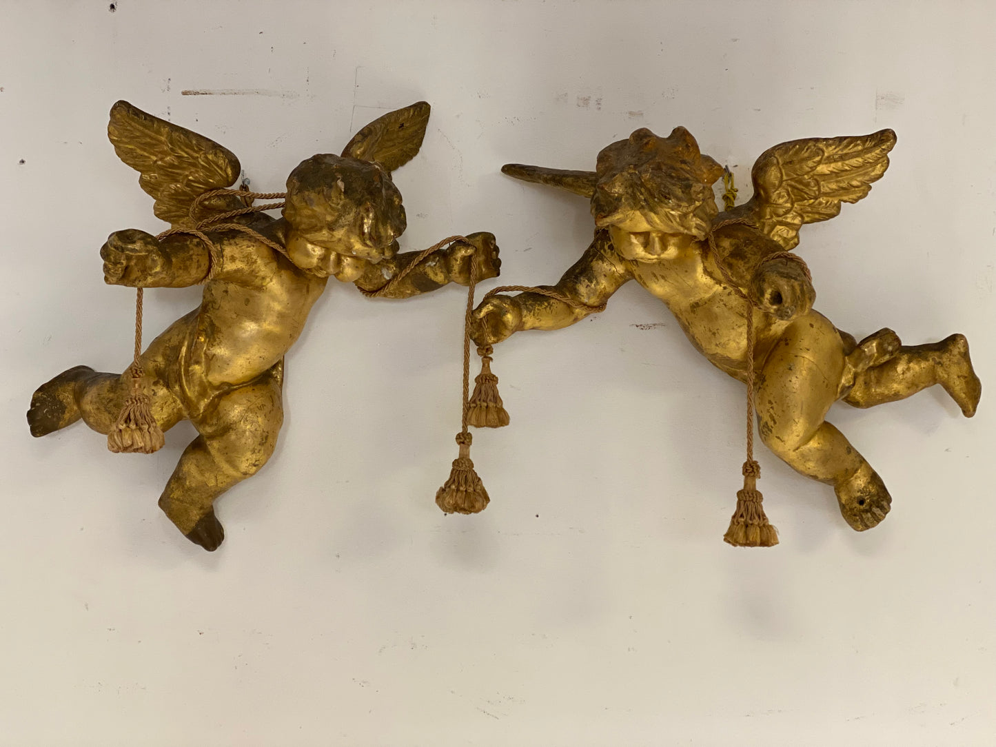 Coppia di angeli lignei alati e dorati . Roma fine 500