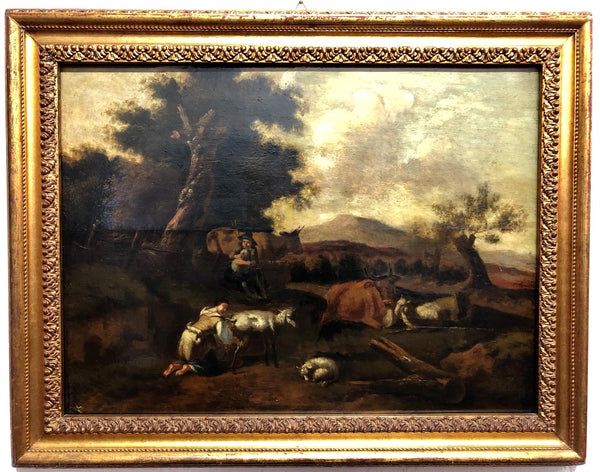 David Teniers il giovane (bottega), paesaggio animato, olio su tavola.