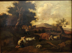 David Teniers il giovane (bottega), paesaggio animato, olio su tavola.