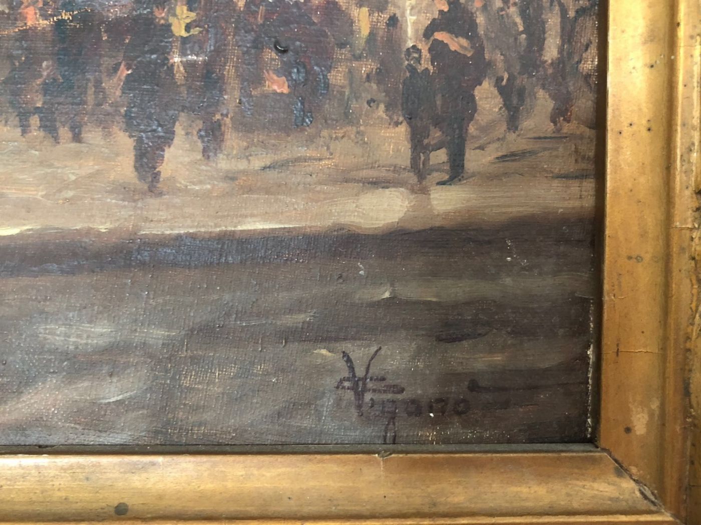 Oil on canvas. Piazza San Babila Milan. Signed Giuseppe Viganò
