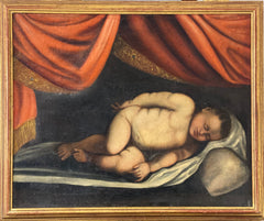 Cupido dormiente, olio su tela fine XVII sec., pittore caravaggesco del nord Italia