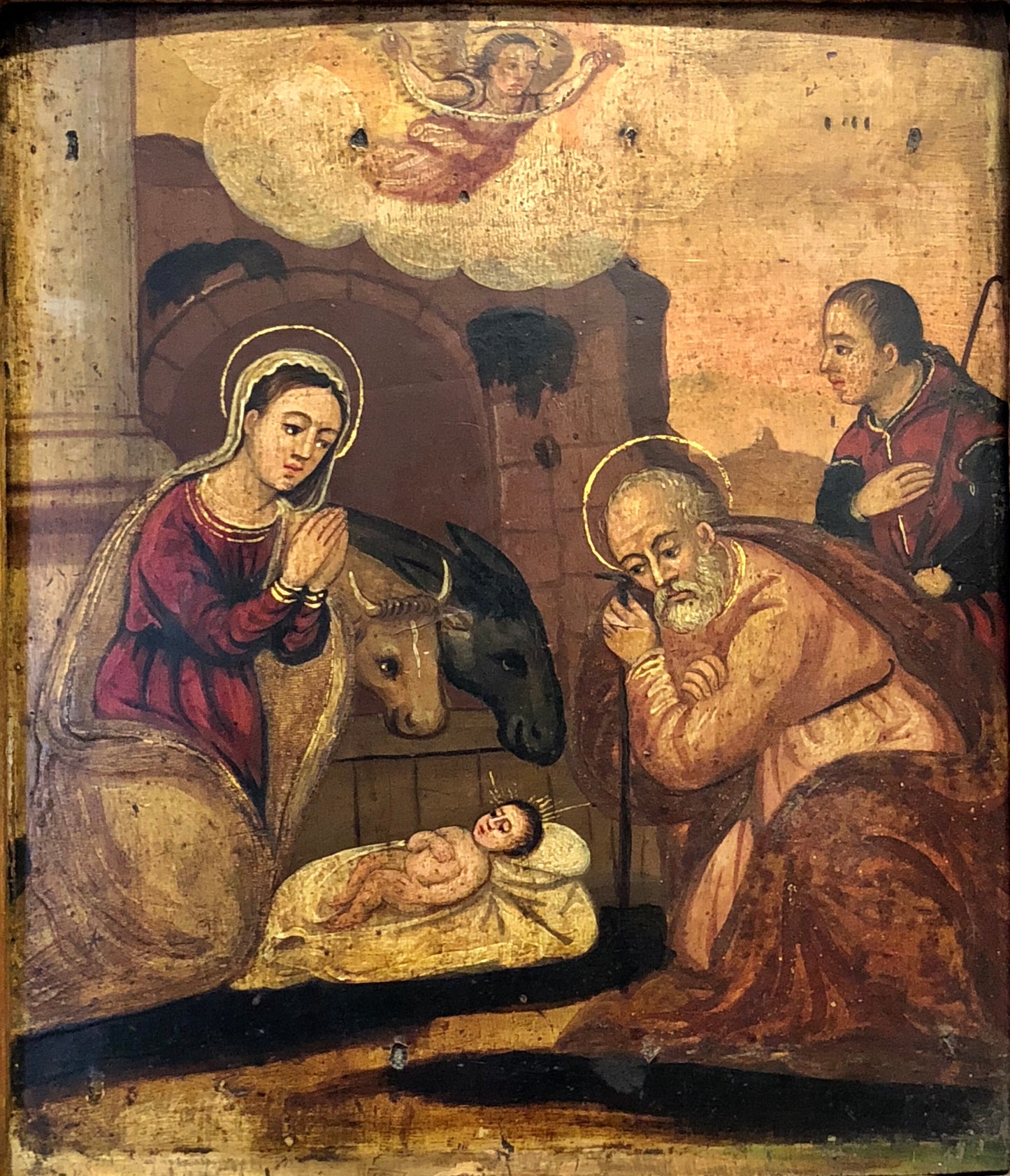 Sacra Famiglia tempera su tavola con cornice coeva . XVI secolo