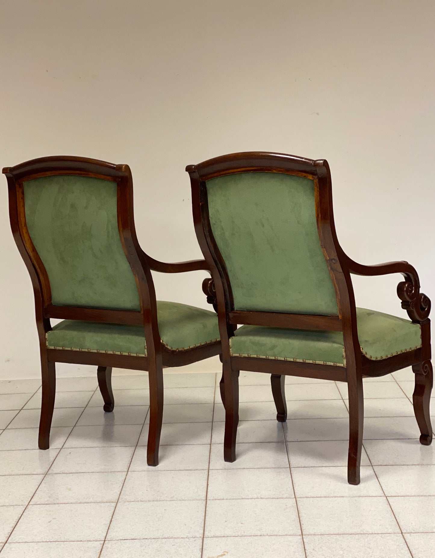 Pair of Lombard armchairs in walnut from the Empire period. 19th century