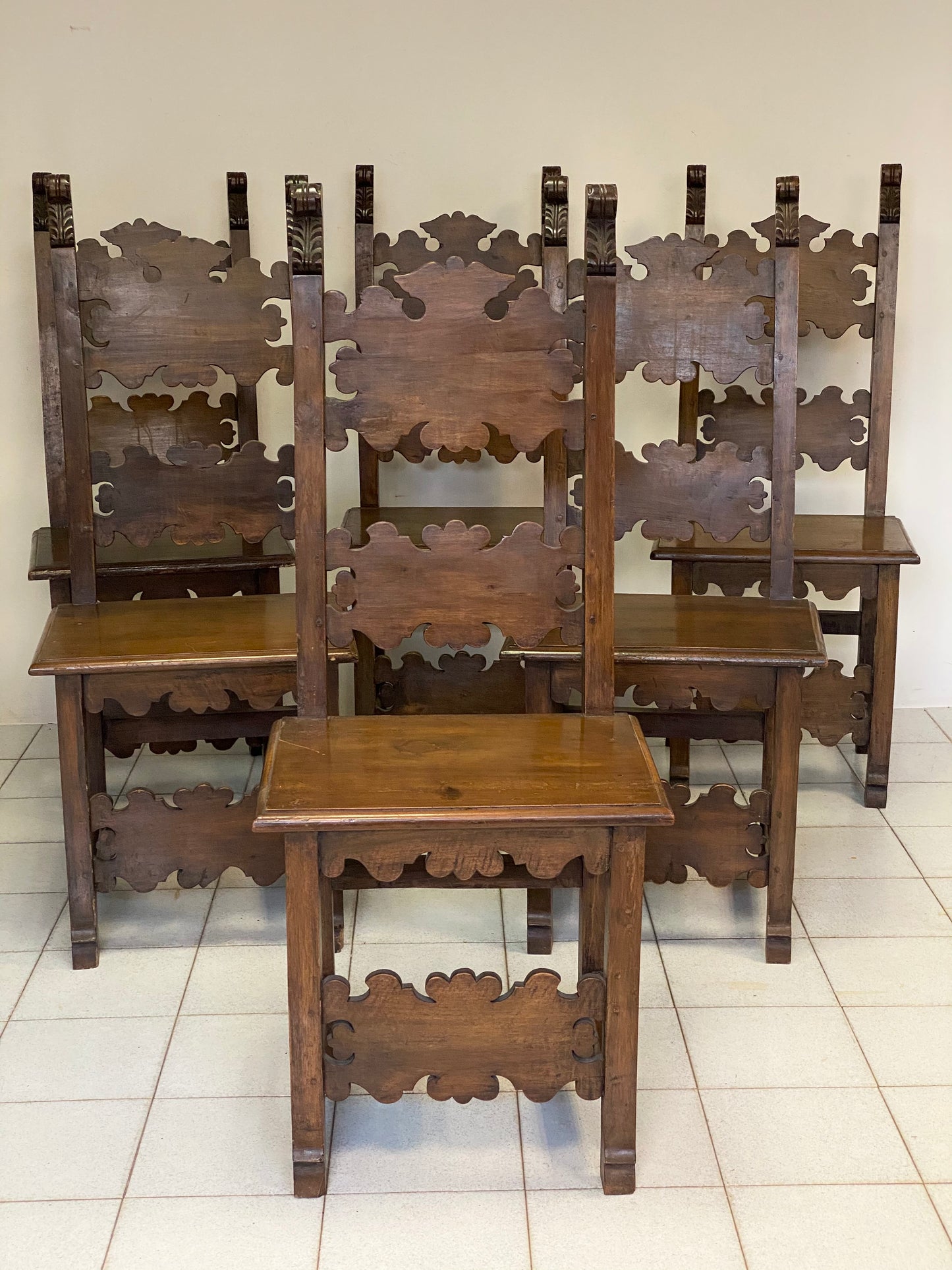 Group of six Lombard chairs in walnut. Late 19th century