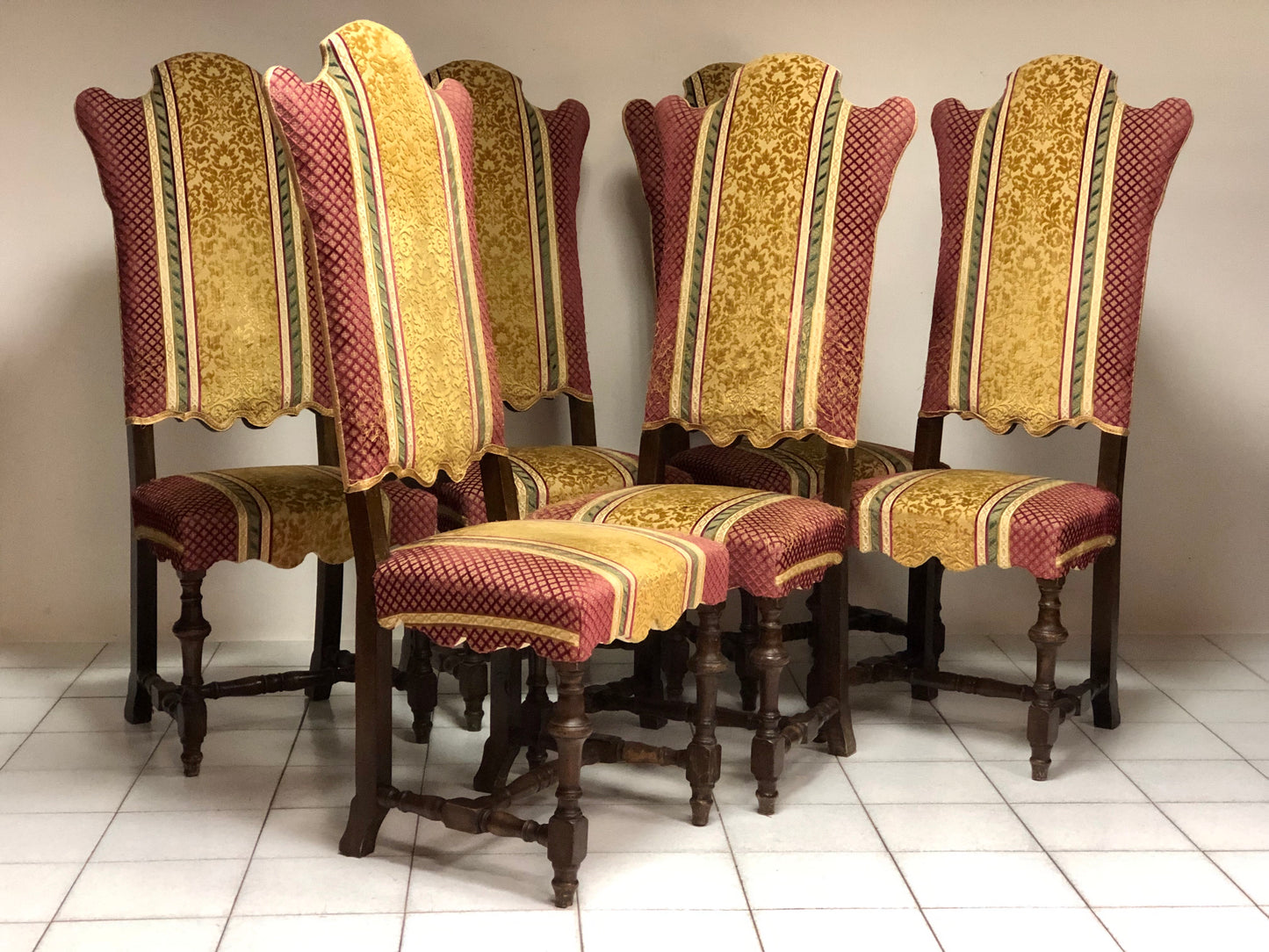 Group of six walnut reel chairs. Lombardy 18th century