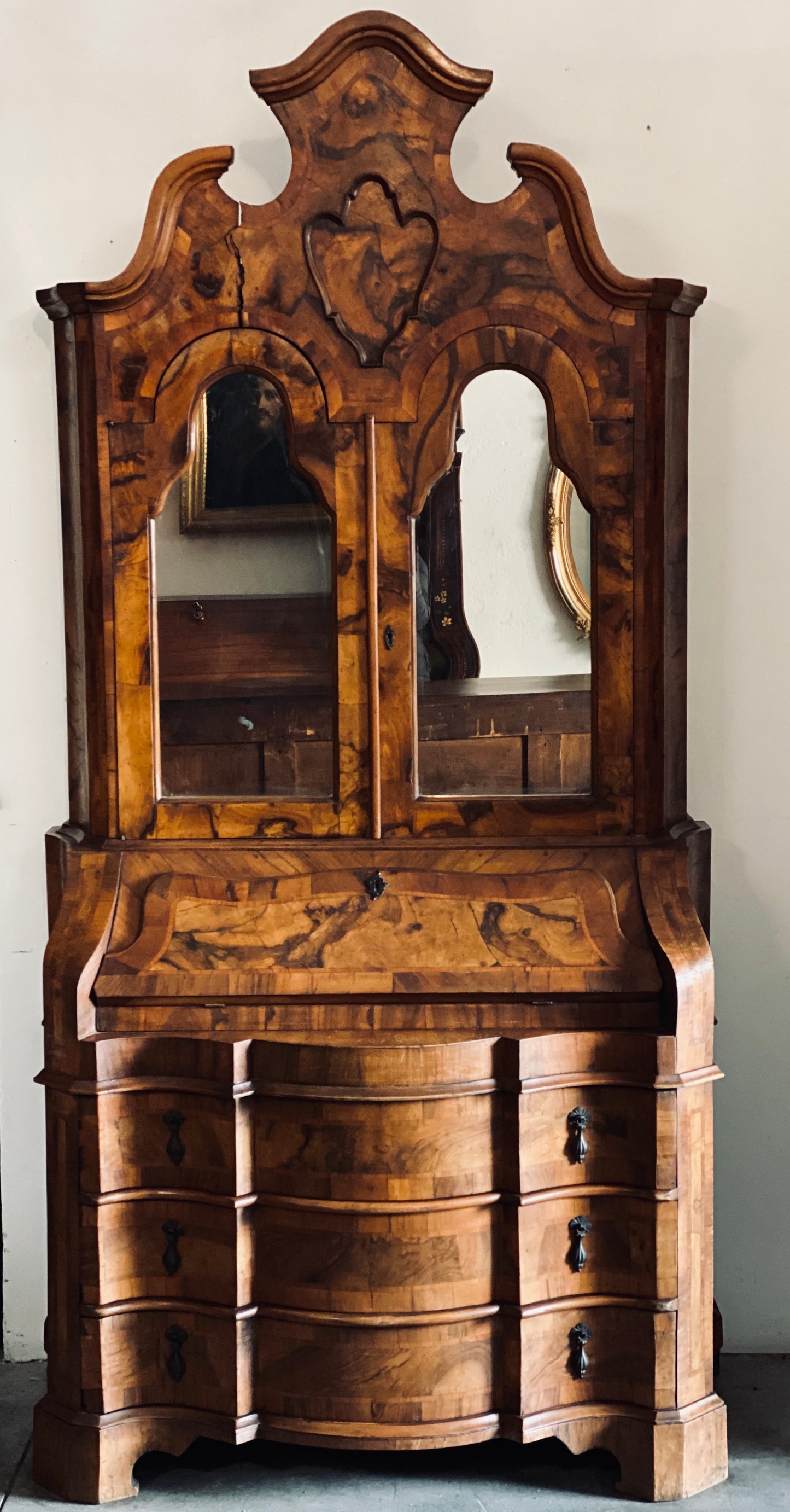 Venetian walnut and briar trumeau 20th century