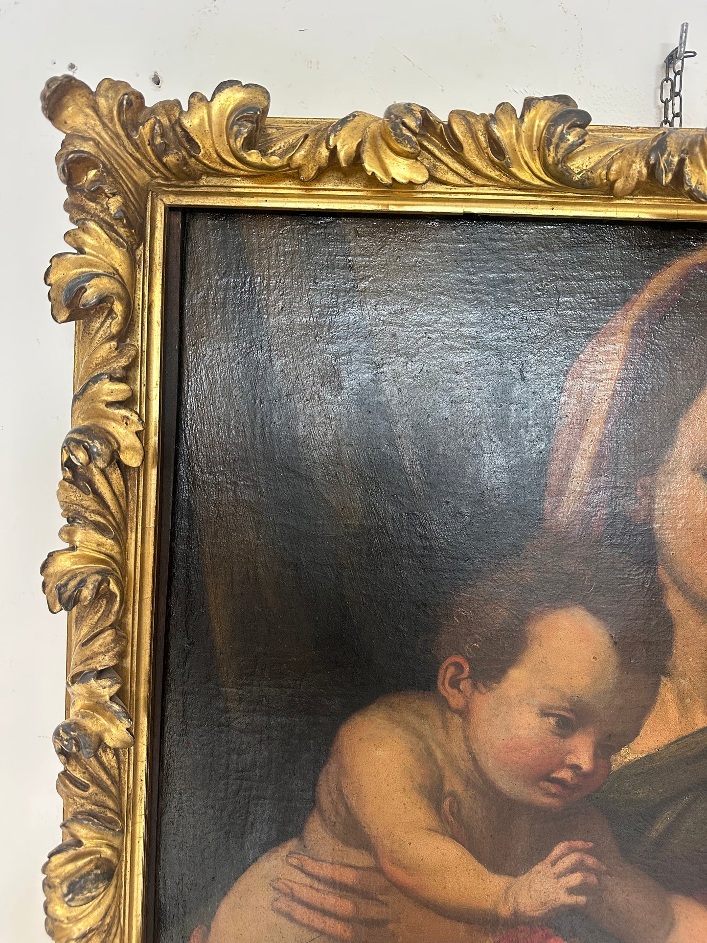 Olio su tela Madonna con il bimbo e San Giovannino . Andrea del Sarto copia da .  XVI secolo