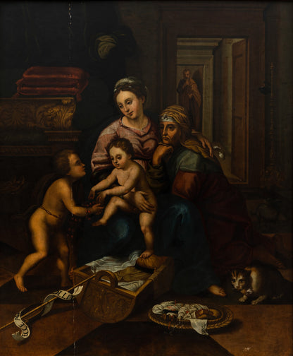 Olio su tavola. Sacra famiglia con Sant’Anna e San Giovannino . XVI secolo
