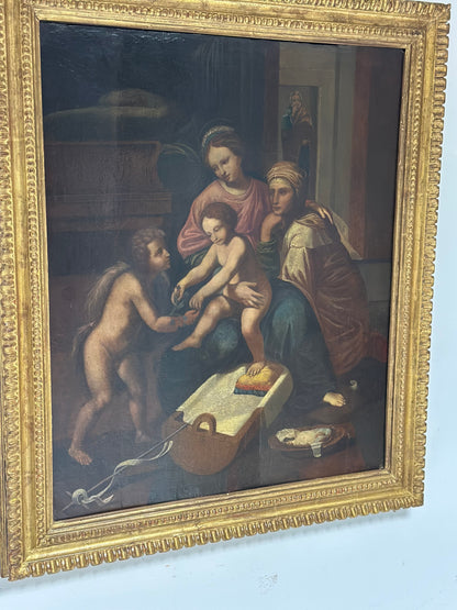 Olio su tavola. Sacra famiglia con Sant’Anna e San Giovannino . XVI secolo.   76 x 63