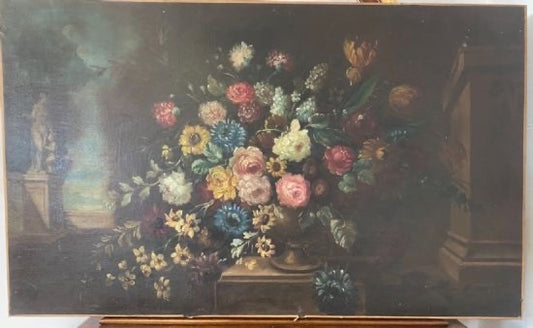 Oil on canvas vase of flowers with 19th century architecture