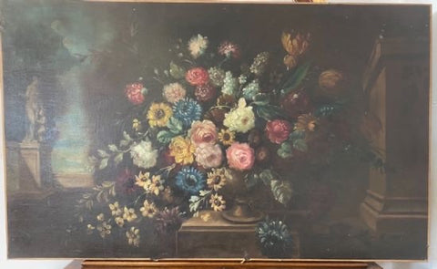 Olio su tela vaso di fiori con architettura XIX secolo
