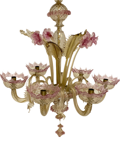 Lampadario in vetro di Murano sei luci cristallo e oro