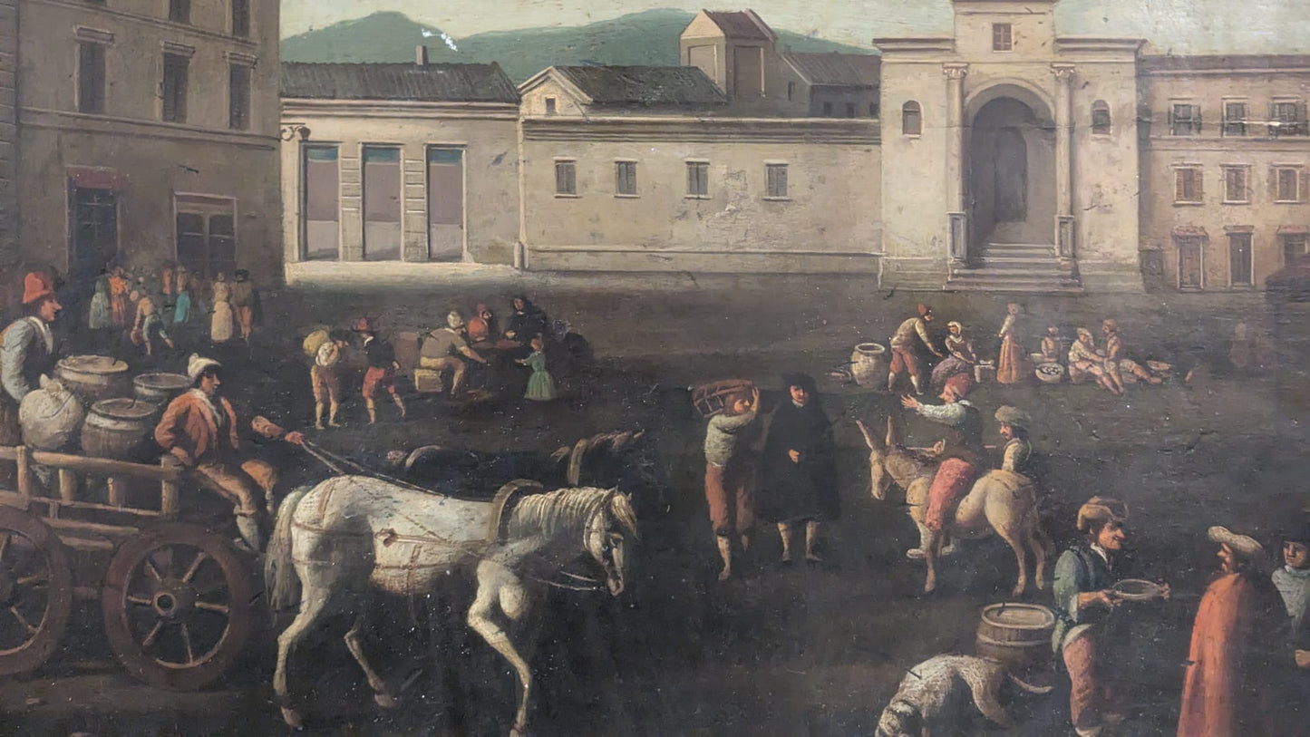 Olio su tavola . Paesaggio urbano XVII secolo