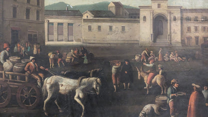 Olio su tavola . Paesaggio urbano XVII secolo