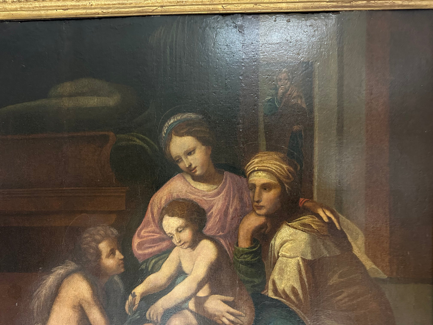 Olio su tavola. Sacra famiglia con Sant’Anna e San Giovannino . XVI secolo.   76 x 63