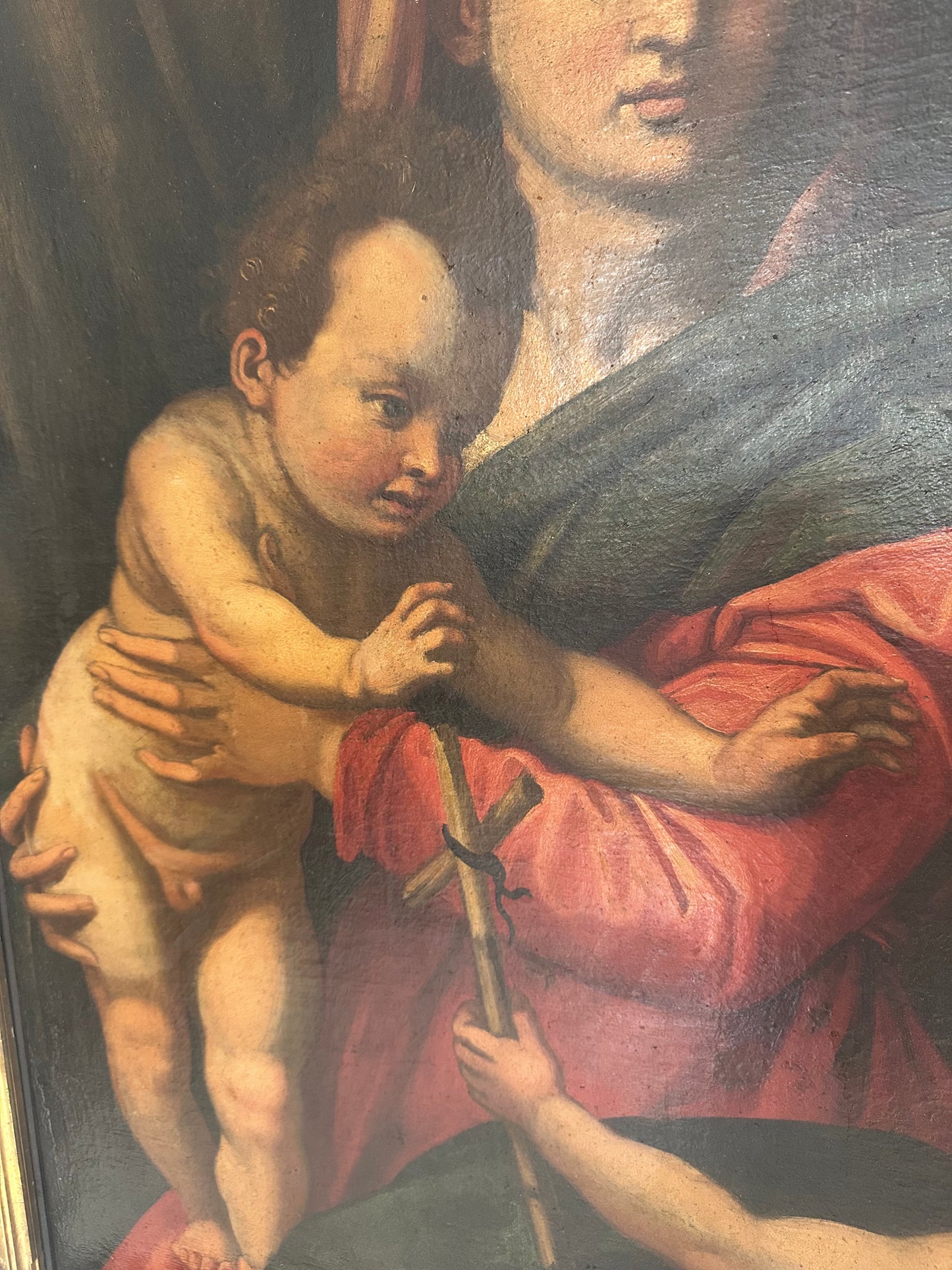 Olio su tela Madonna con il bimbo e San Giovannino . Andrea del Sarto copia da .  XVI secolo