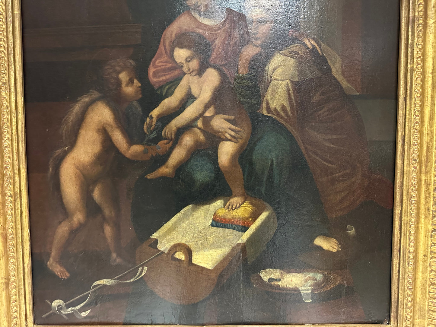 Olio su tavola. Sacra famiglia con Sant’Anna e San Giovannino . XVI secolo.   76 x 63