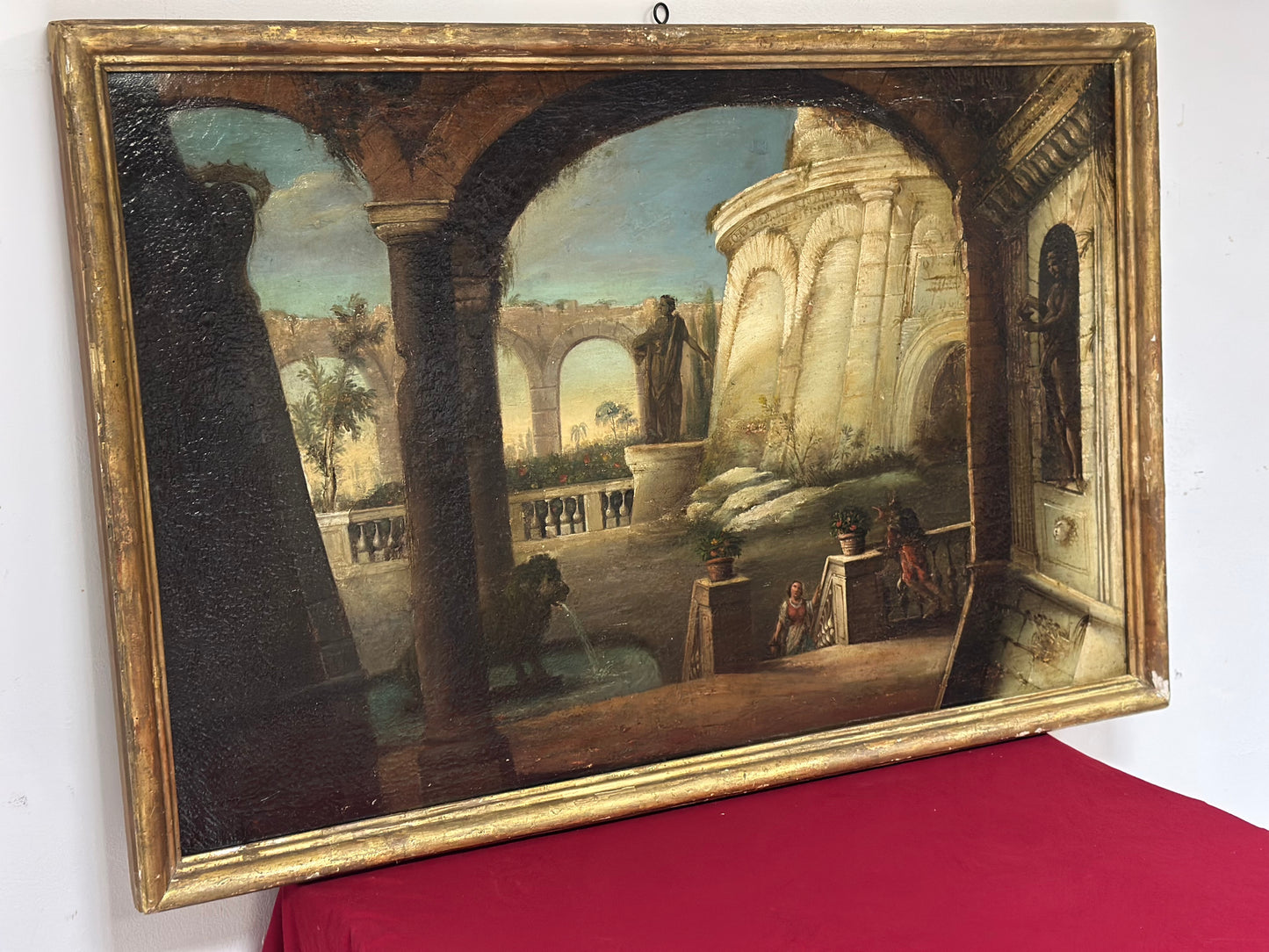 Dipinto olio su tela  italiano del XVIII secolo, Capriccio architettonico con figure