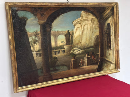 Dipinto olio su tela  italiano del XVIII secolo, Capriccio architettonico con figure