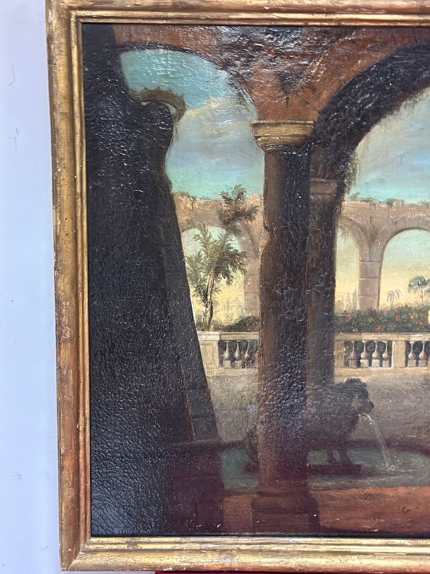 Dipinto olio su tela  italiano del XVIII secolo, Capriccio architettonico con figure
