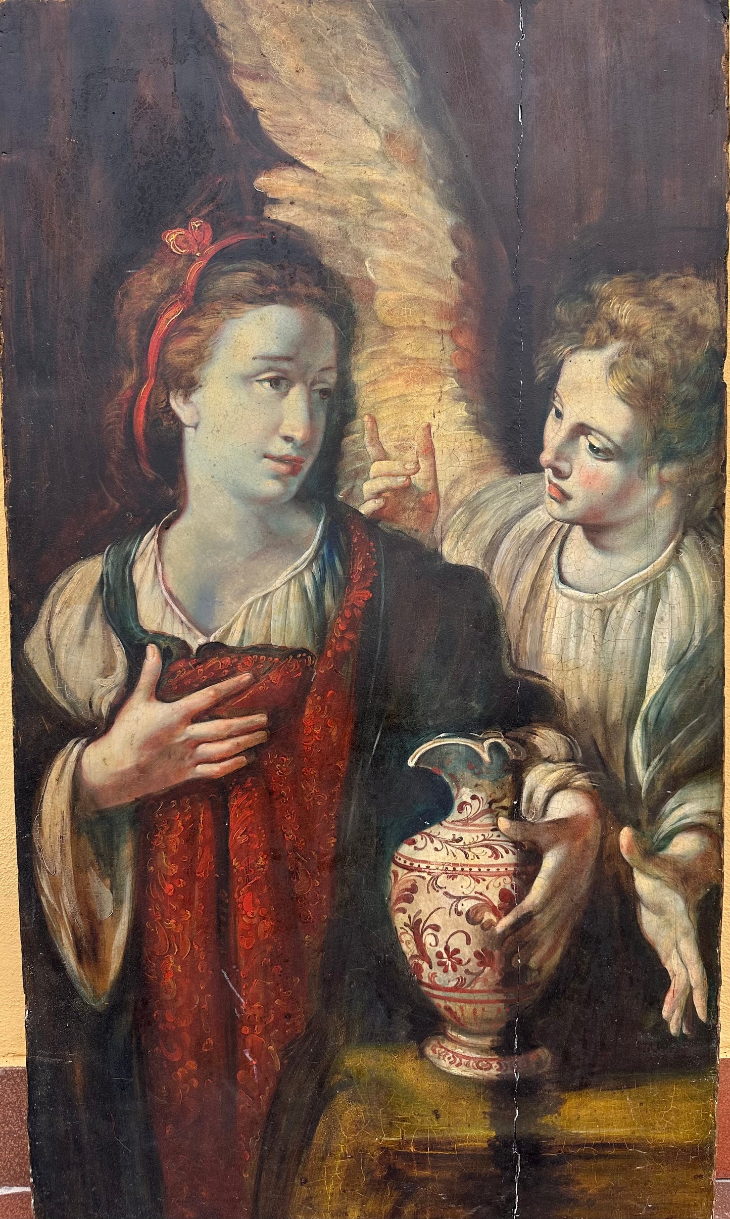 Olio su tavola . Agar e l’Angelo .Bernardo Strozzi ( bottega ) XVII secolo