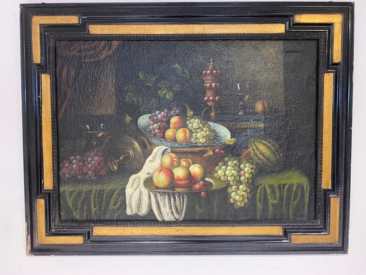 Oil on canvas still life with fruit and flowers. 19th century