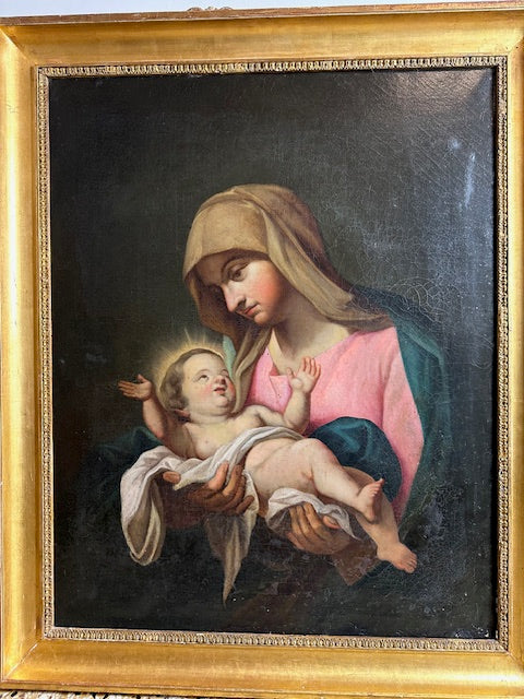 Olio su tela . Madonna con il bimbo . Fine XVII secolo